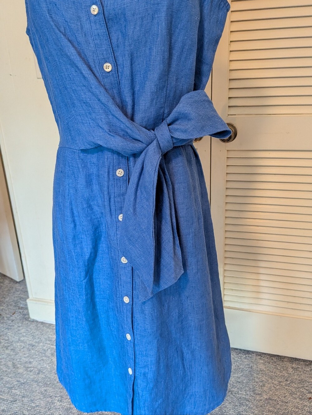 Blue Sleeveless Button-Front Tie-Waist Dress by J Mclaughlin 100% linen. - Picture 4 of 5
